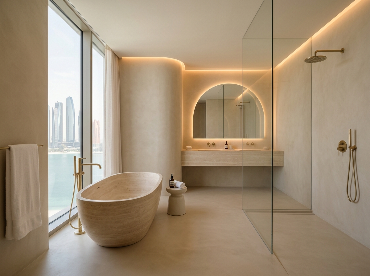 Seamless beige microcement master bathroom and curved walk-in shower in Abu Dhabi