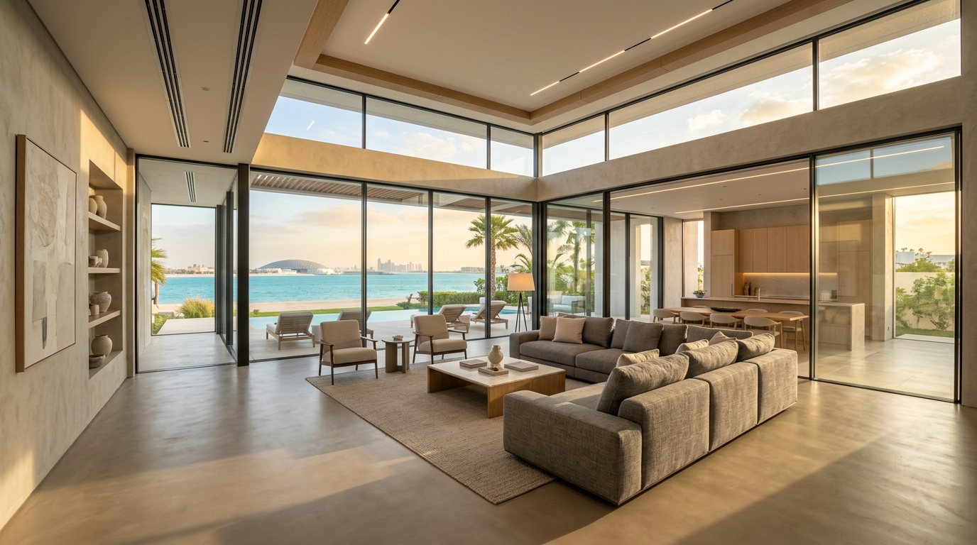 Open-plan living room with seamless microcement flooring in Saadiyat Island Abu Dhabi