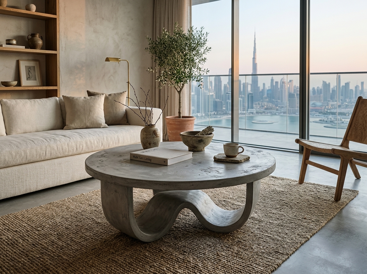 Curved organic wabi sabi microcement coffee table in Dubai living room