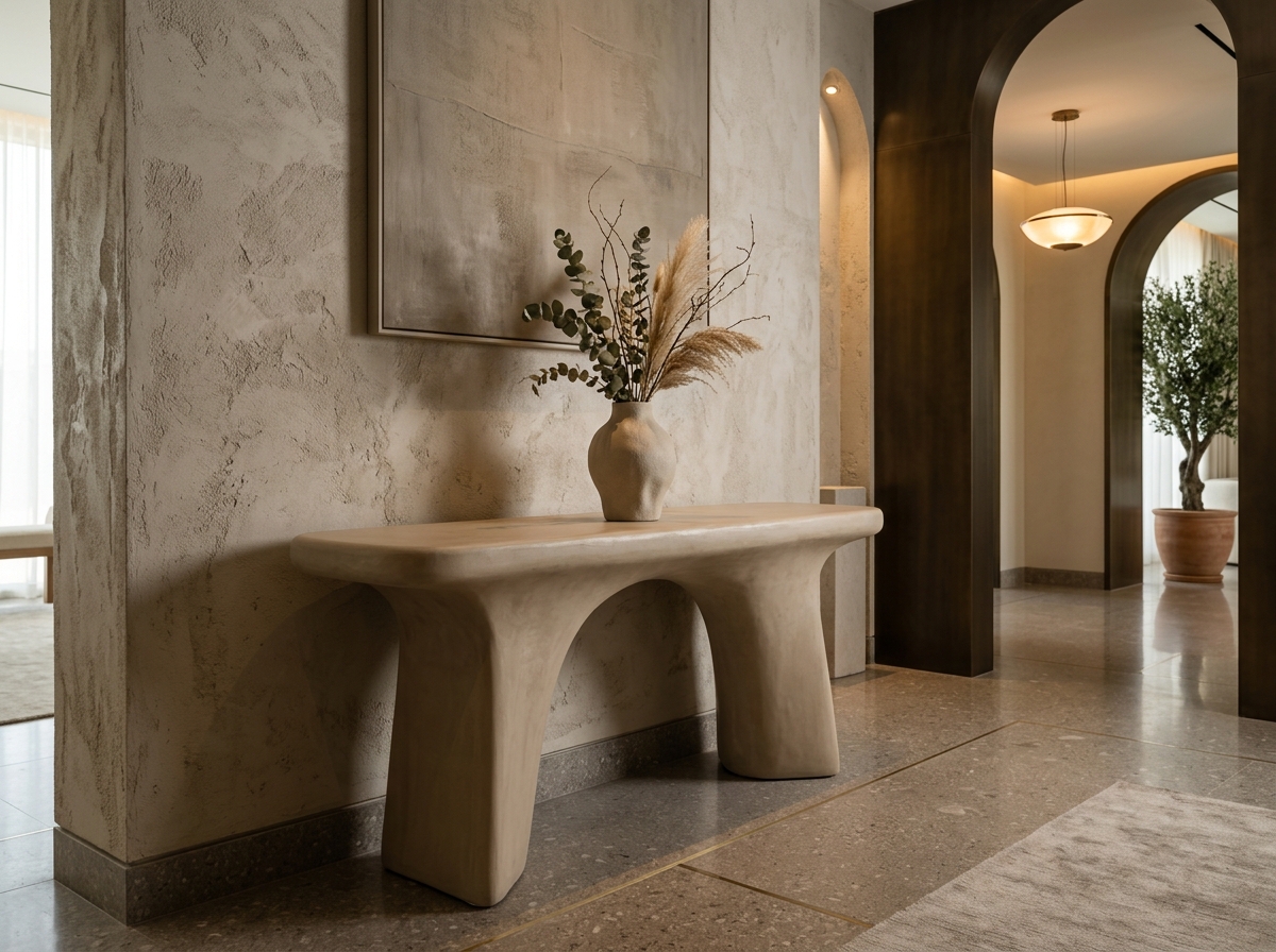 Sculptural microcement console table in luxury Dubai entrance foyer