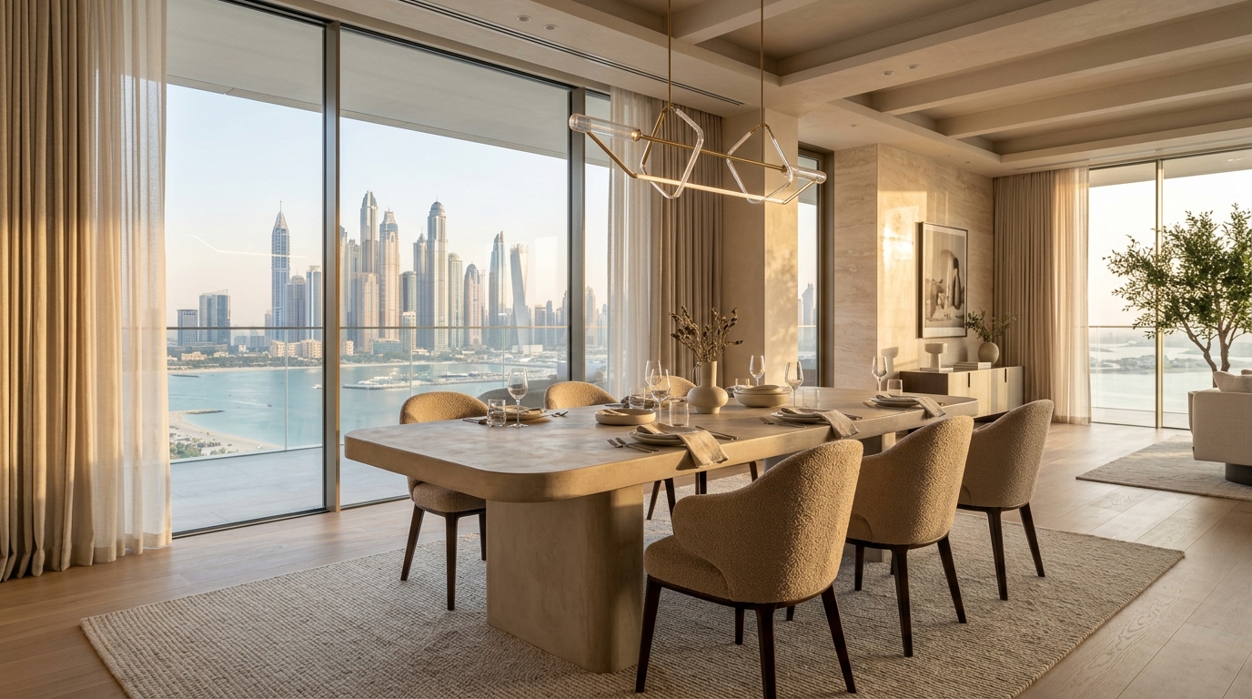 Luxury bespoke microcement dining table in high-end Dubai villa - SAH Technical Services